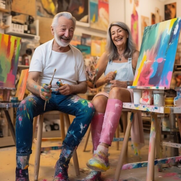 Ein Mann und eine Frau sitzen auf einem Hocker in einem Atelier mit einem Gemälde.