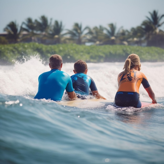 Ein Mann und eine Frau sitzen auf einem Surfbrett im Wasser.