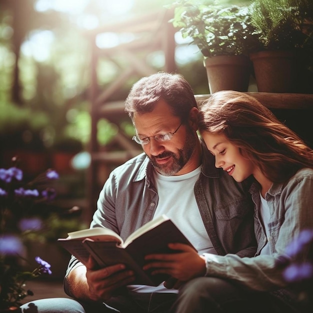 Ein Mann und eine Frau sitzen auf einer Bank und lesen ein Buch