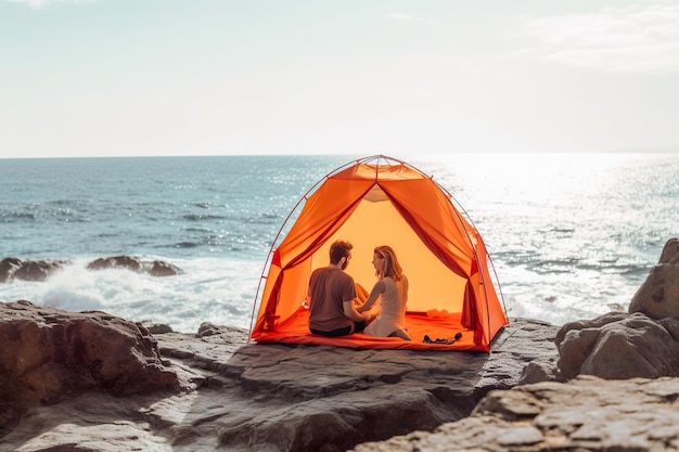 Ein Mann und eine Frau sitzen in einem Zelt am Strand. Generatives KI-Bild