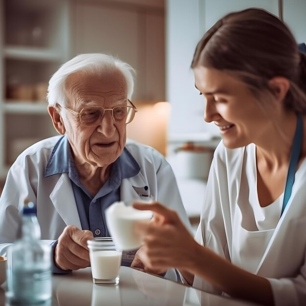 Ein Mann und eine Frau sitzen mit einem Glas Milch an einem Tisch.