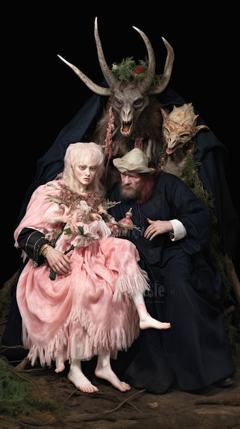 ein Mann und eine Frau sitzen neben einer Frau mit einer Puppe auf dem Schoß