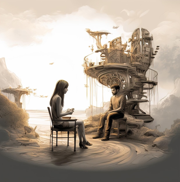 Ein Mann und eine Frau sitzen vor einem Gebäude, ein Mann sitzt auf einem Stuhl und eine Frau liest ein Buch.