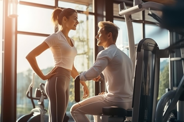 Ein Mann und eine Frau spielen Sport im Fitnessstudio mit einem persönlichen Trainer