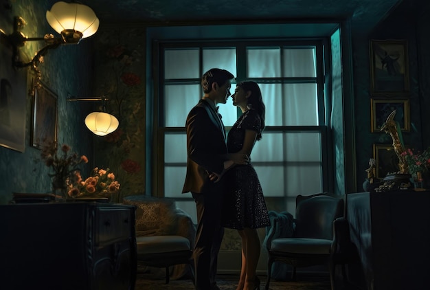 Ein Mann und eine Frau stehen in einem dunklen Raum mit einer Lampe, auf der „die dunkle Seite“ steht.