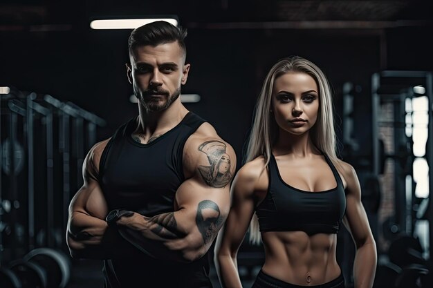 Ein Mann und eine Frau stehen in einem Fitnessstudio und einer von ihnen hat ein Tattoo auf dem Arm.