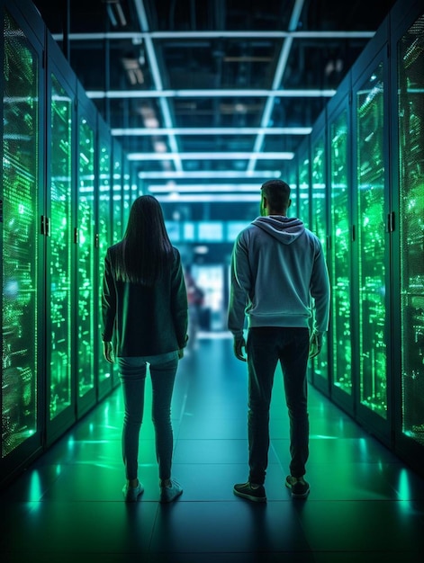 ein Mann und eine Frau stehen in einem großen Computerlab.