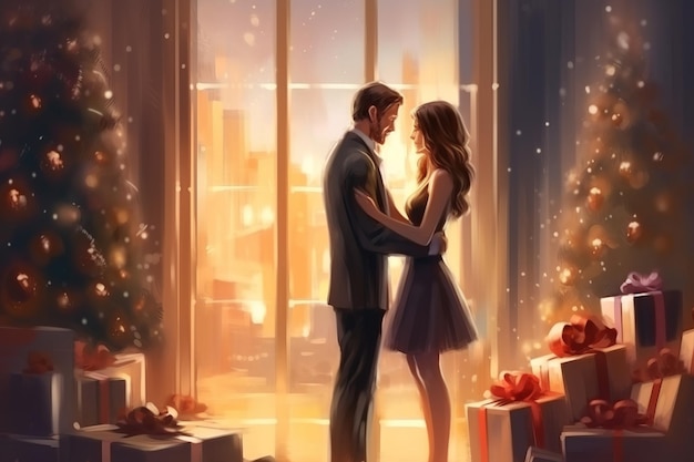 Ein Mann und eine Frau stehen in einer Umarmung neben einem Weihnachtsbaum mit Geschenken. Zeichnungsillustration KI-Generation