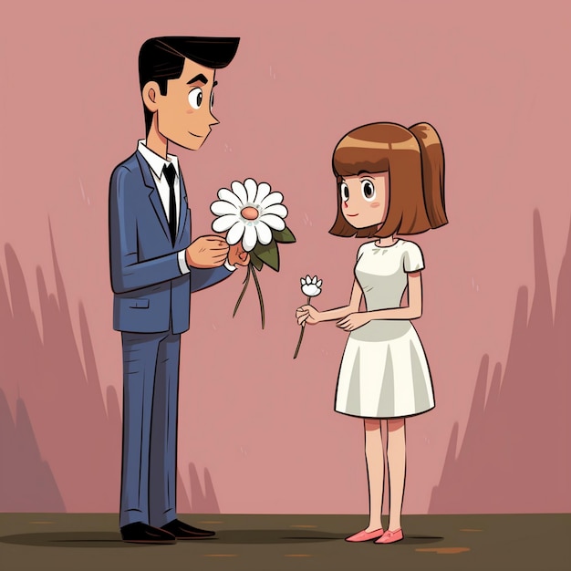 Ein Mann und eine Frau stehen vor einer rosa Wand, eine Frau hält eine Blume.