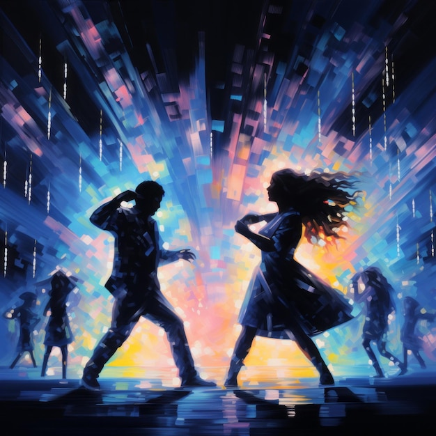ein Mann und eine Frau tanzen vor bunten Lichtern