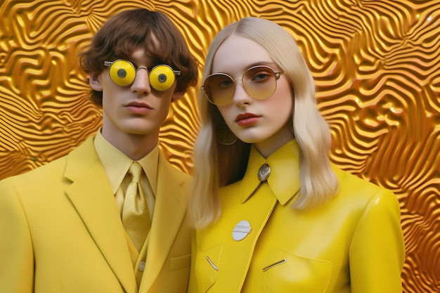 Foto ein mann und eine frau tragen sonnenbrillen und eine gelbe jacke mit der aufschrift „sonnenbrille“.