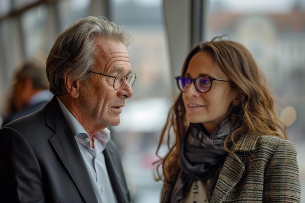 Foto ein mann und eine frau unterhalten sich vor einem fenster