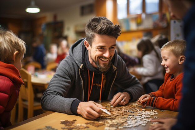 Ein Mann und eine Gruppe kleiner Schüler, die an einem Tisch sitzen, arrangieren ein Puzzle