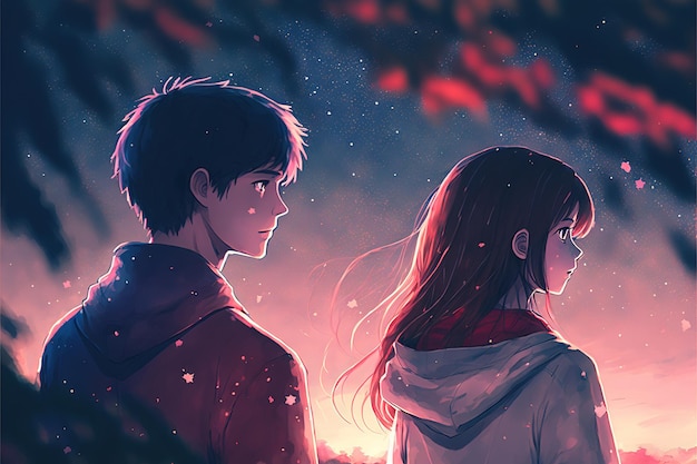 Ein Mann und eine verliebte Frau vor dem Hintergrund des Nachthimmels Junges Paar Junge und Mädchen betrachten mysteriöses Licht am Nachthimmel Illustrationsmalerei im digitalen Kunststil