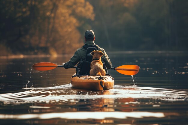 Ein Mann und sein Hund erleben ein perfekt symmetrisches Kajak-Abenteuer auf einem See mit zentrierter Zusammensetzung