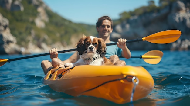 Ein Mann und sein Hund genießen ein Kajak-Abenteuer in ruhigem blauem Wasser Ein perfekter Tag im Freien mit einem Haustier Gefährten Gelegenheits-Freizeit-Lebensstil Bild KI