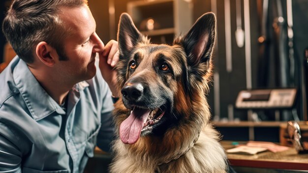 Ein Mann und sein Hund sitzen an einer Bar und schauen in die Kamera.