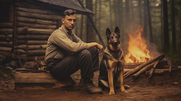 ein Mann und sein Hund sitzen vor einem Feuer.