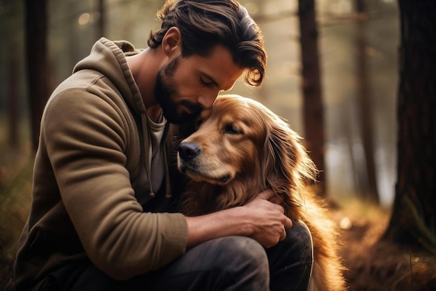 Ein Mann und sein Hund umarmen sich und schauen sich beide an.