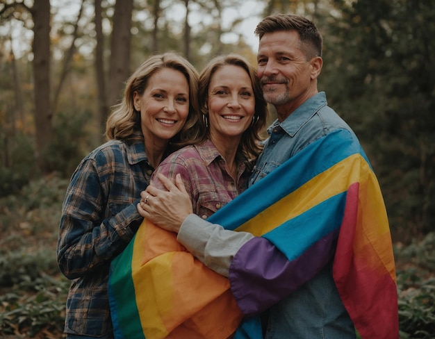 ein Mann und zwei Frauen umarmen sich und einer von ihnen hat eine regenbogenfarbene Decke