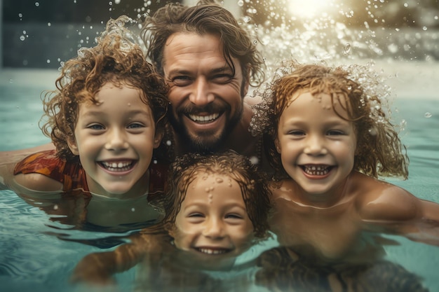 Ein Mann und zwei Kinder in einem Pool, um ihn herum planscht Wasser.