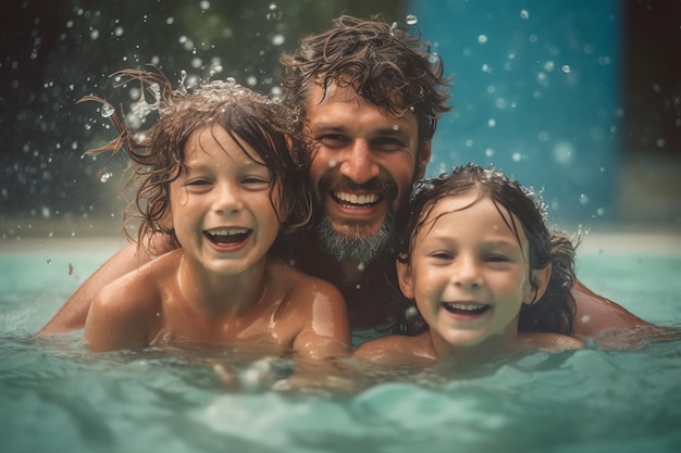 Ein Mann und zwei Kinder schwimmen in einem Pool, während ein Mann und eine Frau ihre Hände im Wasser halten.