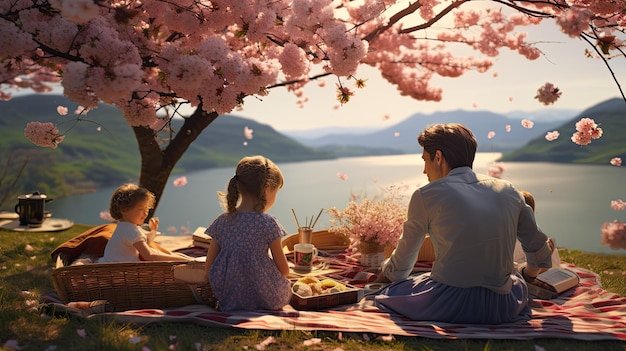 Ein Mann und zwei Kinder sitzen auf einer Decke unter einem Baum