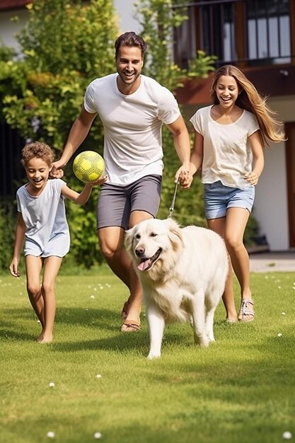 ein Mann und zwei Kinder spielen mit einem Hund