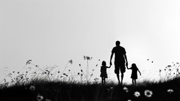 ein Mann und zwei Kinder stehen in einem Feld mit Blumen im Gras