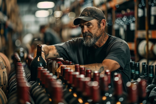 Ein Mann untersucht eine Flasche Wein