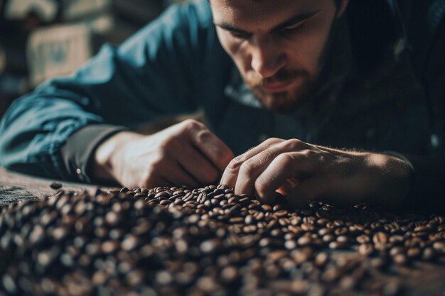 Foto ein mann untersucht kaffeebohnen