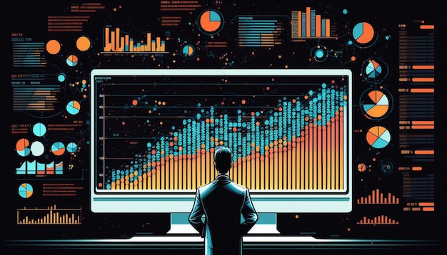 Ein Mann vor einem Computerbildschirm mit Grafiken und Diagrammen darauf.