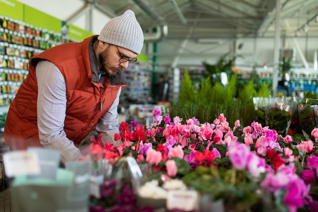 Ein Mann wählt in einem Blumenladen eine Topfpflanze aus