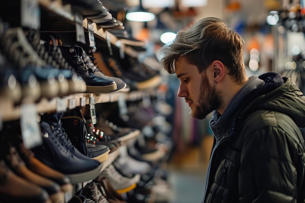 Ein Mann wählt Schuhe im Schuhladen aus