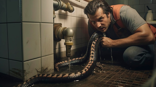 Foto ein mann wäscht eine schlange in einem badezimmer