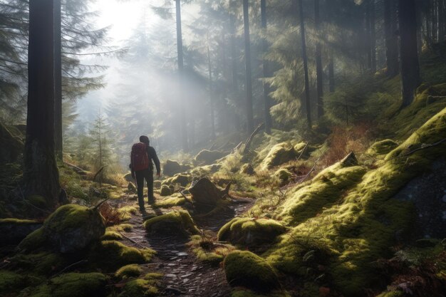 Ein Mann wandert am Morgen im Laubwald