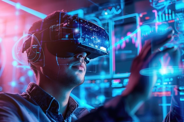 Ein Mann wird dargestellt, der ein Virtual-Reality-Headset trägt und sich in eine digitale Welt eintaucht, ein Individuum, das eine Virtual-Reality-Schnittstelle verwendet, um mit einer holographischen Blockchain-AI zu interagieren.