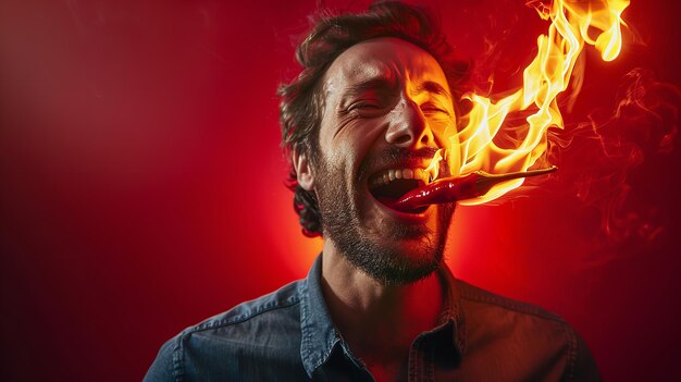 Ein Mann wird über einem roten Hintergrund gesehen, der Flammen ausstößt, nachdem er in eine rote Chili-Bildung von scharfem Essen gebissen hat, nachdem er Affekt und Raum gegessen hat.