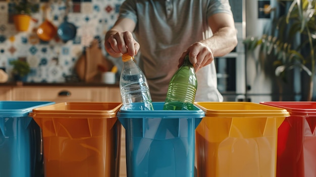 Ein Mann wirft eine leere Plastikflasche in einen Recyclingbehälter in der Küche, während er Hausmüll in verschiedene Behälter mit lebendigen Mülltüten sortiert