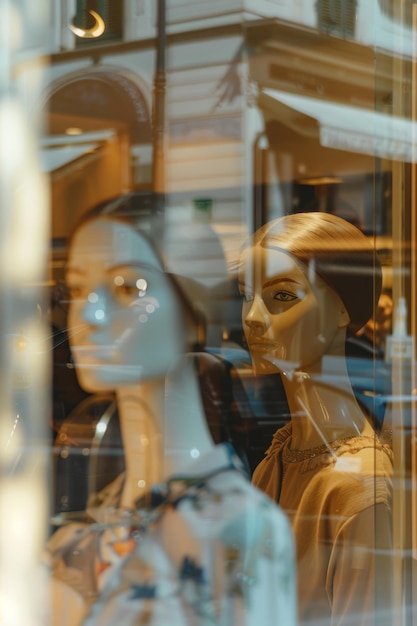 Foto ein mannequin steht hinter einem glasfenster mit einem frauengesicht