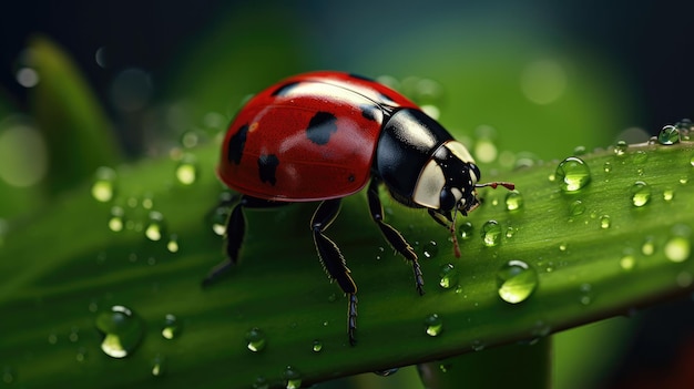 Ein Marienkäfer auf einem Blatt mit Wassertropfen darauf