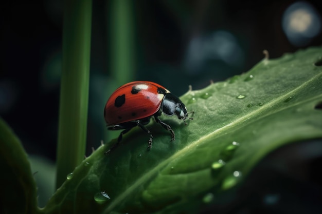 Ein Marienkäfer auf einem Blatt mit Wassertropfen darauf