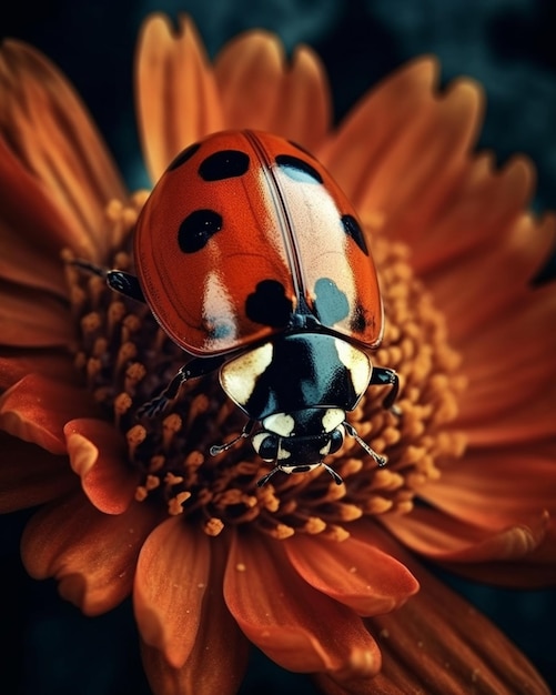 Ein Marienkäfer auf einer Blume mit schwarzem Hintergrund