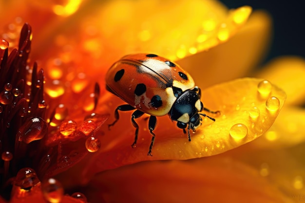 Ein Marienkäfer auf einer Blume mit Wassertropfen darauf Generative KI