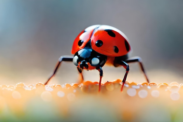 Ein Marienkäfer liegt auf dem Boden mit blauem Hintergrund.