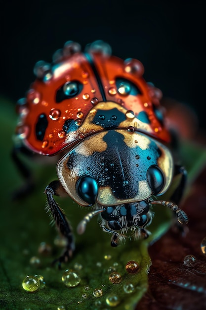 Ein Marienkäfer mit blauen Augen und einem schwarz-roten Fleck auf dem Rücken.