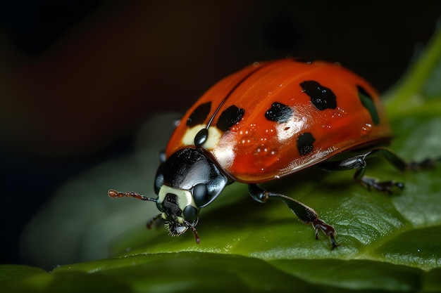 Ein Marienkäfer mit schwarzen Flecken auf dem Rücken sitzt auf einem grünen Blatt.