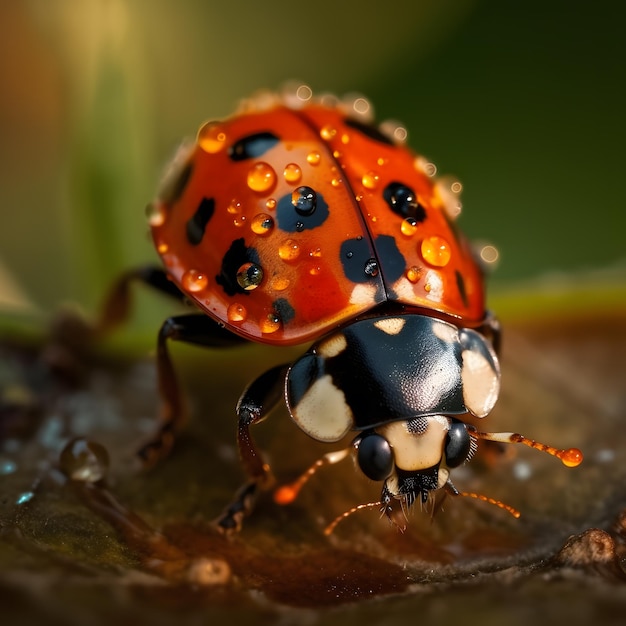 Ein Marienkäfer mit schwarzen Flecken und einem rot-schwarzen Körper steht auf einem Blatt.