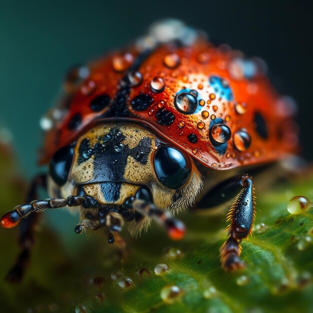 Ein Marienkäfer mit vielen Wassertropfen darauf