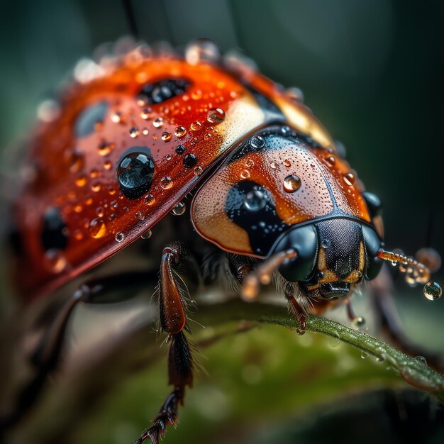 Ein Marienkäfer mit Wassertropfen darauf ist mit Regentropfen bedeckt.